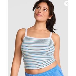 Victoria’s Secret PINK Ribbed Cami Top Cropped Medium NEW Blue Stripe